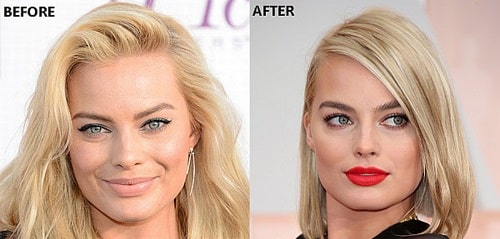 A picture of Margot Robbie before (left) and after (right).